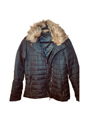 Womens Quilted Jacket Faux Fur Collar Coat Puffer Jacket Black Large